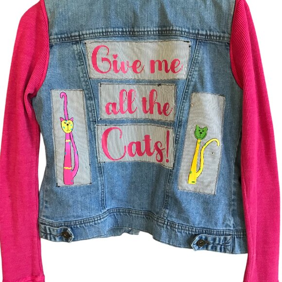 Upcycled Jean Jacket, Size Small: Patchwork Cat Graphics, Waffle Knit Sleeves - Picture 10 of 12